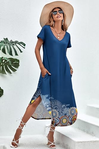 Image of Ekouaer Long Nightgowns for Women Short Sleeve House Dress with Pockets V Neck Sleepshirts Side Split Sleepwear S-4XL