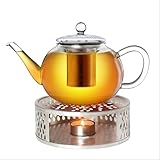 Creano Teekanne aus Glas 1,2l + ein Stövchen aus Edelstahl, 3-teilige Glasteekanne mit integriertem Edelstahl Sieb und Glasdeckel, ideal zur Zubereitung von losen Tees, tropffrei
