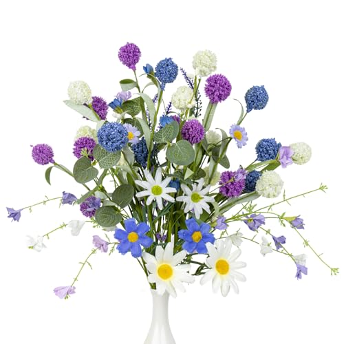 J'FLORU Artificial Spring Flowers 12 Pack Spring Floral Picks 17 Inch Flower Stems with Blue White Purple Dandelions for Spring Summer Easter Flower Arrangements Centerpieces