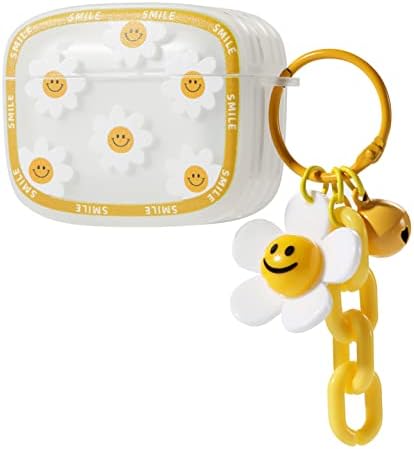 PHOEACC Compatible with Airpods Pro Case Cute Smiley Face Daisy Flower Cover with Floral Smile Bell Keychain Clear TPU Shockproof Protective Case for Girls Women