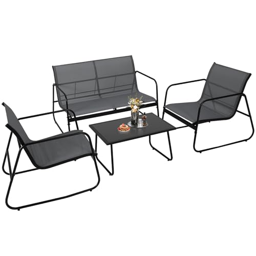 4-Piece Patio Furniture Set,Textilene Conversation Set with Patio Loveseat, 2 Chairs and Tempered Glass Coffee Table, Outdoor Garden Patio Conversation Sets for Balcony, Porch & Backyard by SierraSquad - Image 7