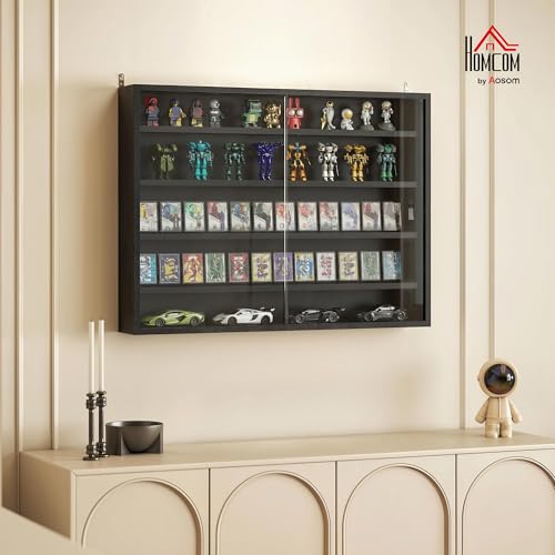 Image of HOMCOM 5-Tier Display Cabinet, Glass Door Cabinet with Adjustable Shelves, Wall-Mounted Display Case for Playroom, Bedroom, Jet Black