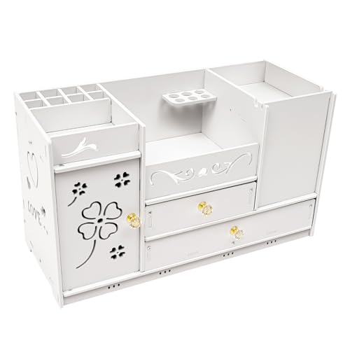 Caja de almacenamiento de maquillaje con 2 cajones para guardar cajas de joyas, almacenamiento de tocador multifuncional para guardar pinceles de maquillaje y almohadillas de algodón, almacenamiento