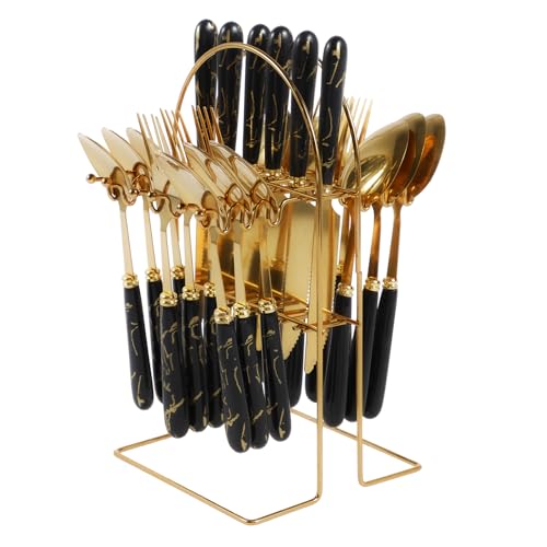 Cutlery Set with Holder 24 Pieces Tableware Silverware Set Stainless Steel Flatware Set Service for 6 People Forks Knives and Spoons Set Gold Mirror Polished and Dishwasher Safe for Home Restaurant