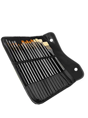 Image of Brustro Artists Mixed Hair Brush - Set of 15 (5 Flat, 1 Fan, 4 Round, 4 Filbert, 1 Angle) in PU Bag | Long Handle, Suitable for Oil Paints, Acrylic Paints, Watercolour.