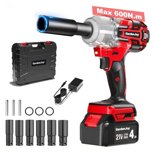 Cordless Impact Wrench 1/2 Inch, 21V Max Brushless, 450 Ft-lbs (600N.m) Max Torque, 3-Speed, w/ 4.0Ah Battery & Quick Charger, 6Pcs Impact Sockets - for Automotive Repair, Tire Changing, Home DIY