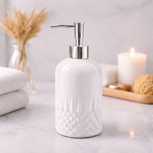 Image of Luxe Home International Diamond Cut Pattern Glass Soap Dispenser for Bathroom and Kitchen Sink Leak Proof Liquid Hand Wash Round Bottle Lightweight Smooth Finish (19.5x8 cm White) Pack of 1