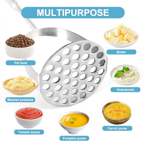 Potato Masher Stainless Steel - Mashed Potato Masher Kitchen Tool,Potato Smasher for Avocado, Tomato, Fruit & Vegetables, Pet Food, Heavy Duty Metal Bean Masher Utensil, Dishwasher Safe, 12.5-Inch