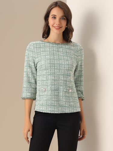 Allegra K Women's Elegant Tweed Plaid Top 3/4 Sleeve Button Decor Vintage Blouse3