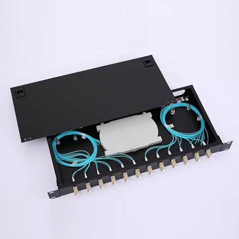 LC-OM3 12 Duplex 24 Port Fiber Enclosure Box - 1 RU Rack Mount Multimode LC-UPC Kit for 19" Racks - includes Splice Trays, OM3 Pigtails Fiber Optic Cables, and LGX Loaded Patch Panel Cover