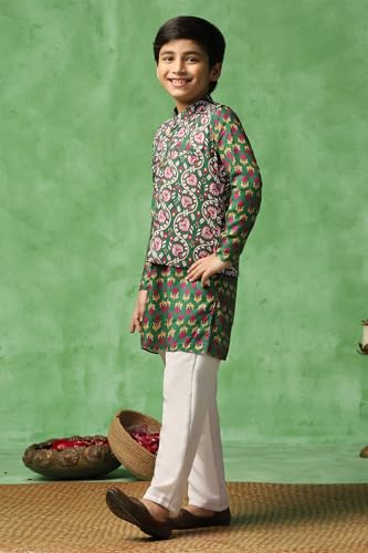 Image of Fashion Dream Boy's Cotton Blend Printed Kurta Pyjama And Jacket Set|Kurta And Payjama Set