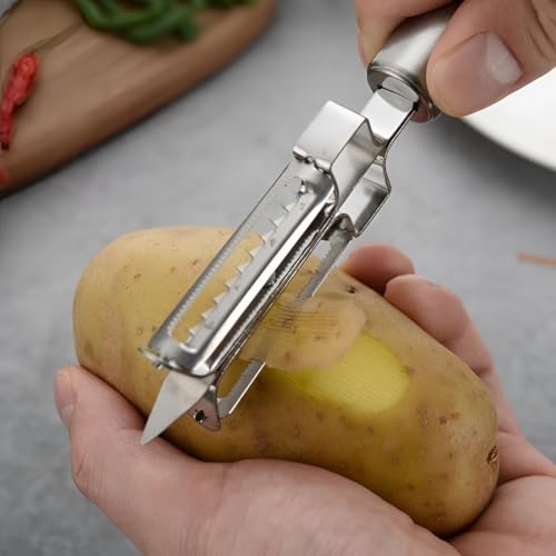 Image of 3-in-1 Stainless Steel Vegetable Peeler with Julienne & Serrated Blades - Multifunction Fruit & Veggie Peeler with Ergonomic Grip for Easy Kitchen Prep