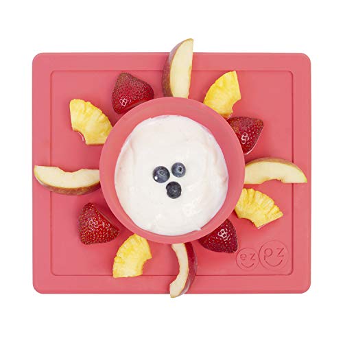 ezpz Happy Bowl (Coral) - 100% Silicone Suction Bowl with Built-in Placemat for Toddlers + Preschoolers - Dishwasher Safe (LMHBC004)