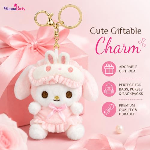 Image of Wanna Party Cute Kawaii Plush Keychain, Soft Pink Bunny Hood Character Bag Charm