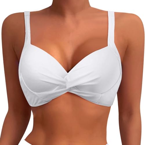 Generisch 2025 - Parte superior de bikini para mujer con aros, parte superior de traje de baño push-up, sujetador acolchado, parte superior de traje de baño con flores, Blanco, XXL
