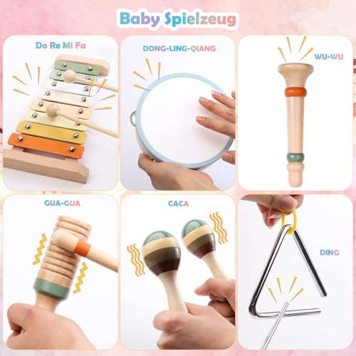 Musikinstrumente für Kinder von 1 2 3 Jahren – Montessori Musikset aus Holz in neutralen Farben, 12-teilig mit Xylophon, Tamburin, Rasseln & Triangel, Lernspielzeug für Jungen & Mädchen