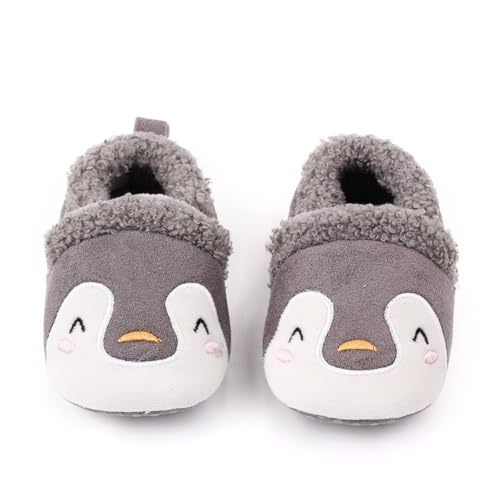 Baby Boys Slippers First Walking Shoes Toddler Infant Winter Warm Fleece Soft Sole Slippers Cute Shoes(Grey Penguin,13cm)