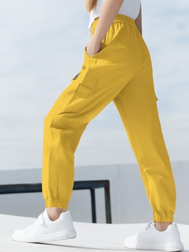 SANGTREE Girl Pants, Jogger Multi-Pocket Elastic Waist Pull On Cargo Pants with Drawstrings, Yellow, 7-8 Years = Tag 140 - Thumbnail 5