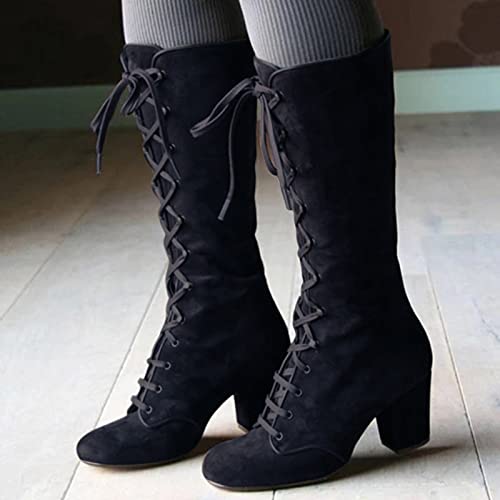 Victorian Boots for Women Medieval Vintage Chunky Heel Boots Fall Winter Suede Lace Up Mid Calf Boot Goth Steampunk Halloween2