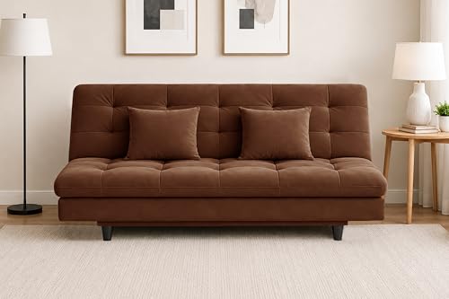 Image of Modern Convertible Three-Seater Futon Sofa Bed with Tufted Sleeper Couch Sofa with Adjustable Backrest- Living Room Furniture - Brown Color