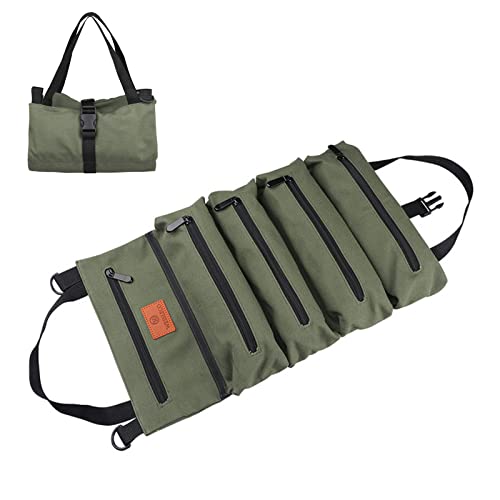 Sac à outils enroulable en toile 16 A avec 5 poches zippées, pochette à outils multifonction (vert)