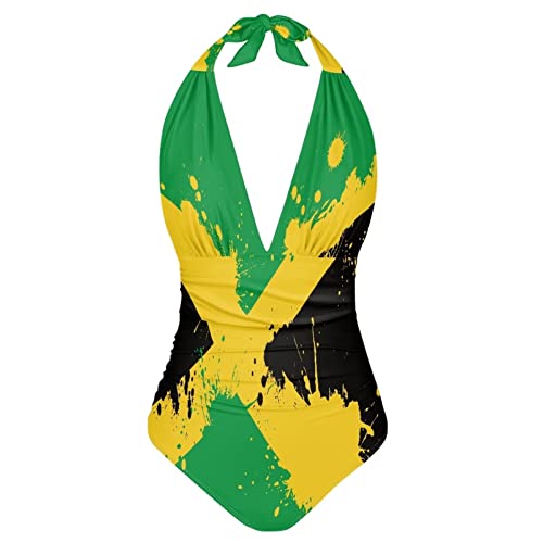 Cumagical Jamaica Flag Print Swimsuit for Curvy Women Tummy Control Sexy One Piece for Women Swimwear V Neck Bathing Suit for Curvy Women