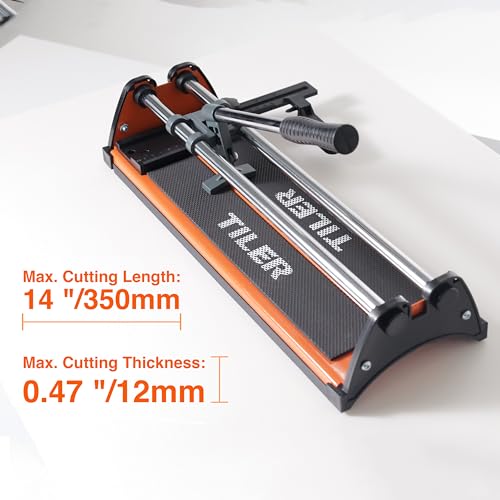 TILER 14 Inch Manual Tile Cutter, Professional Porcelain Ceramic Tile Cutter with Chrome Plated Solid Rails, Tungsten Carbide Cutting Wheel, Adjustable Fence Gauge, Anti-Skid Feet 8103E-2