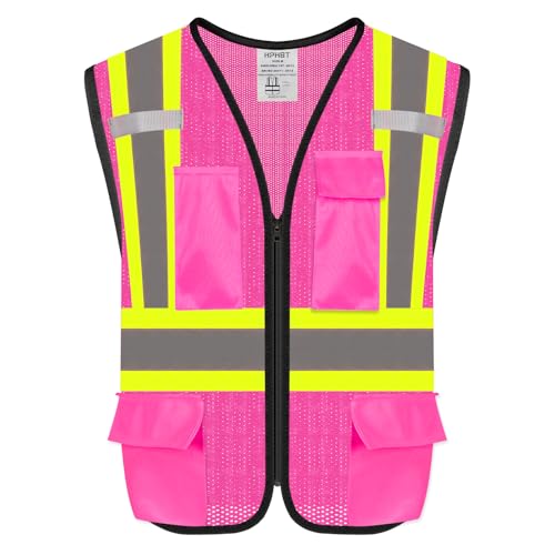 HPHST Safety Vest with Pockets - High Visibility Reflective Mesh Vest for Men & Women (Pink Medium)