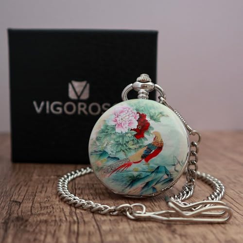 Image of VIGOROSO Vintage Floral Bird Manual Mechanical Pocket Watch for Men & Women - Elegant Wind Up Pocket Watches Skeleton with Chain & Gift Box