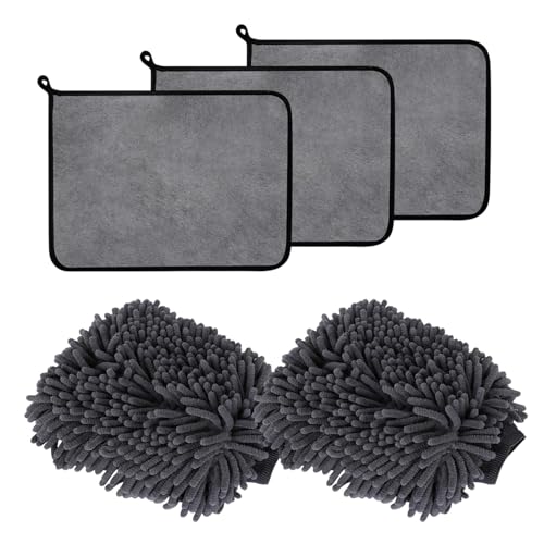POHOVE Autopflege Set, 3 Stück Mikrofasertücher Auto Tuch und 2 Stück Waschhandschuh Auto, Auto Waschen Set für Autowäsche, Küche, Superabsorbierend(Color:Dunkelgrau)