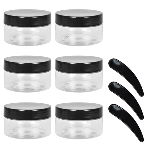 Zimoer 6 Piezas 100ml Bote de Plástico Transparente, Frascos de Plástico con Tapa Negras Espátulas, Tarros de Almacenamiento de Boca Ancha, Envases para Cosmetica, manualidades, cuentas, especias