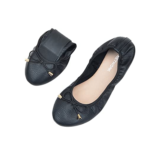 ERLINGO Ladies Roll up Shoes Foldable Ballet Flats with Bowknot Roll Up Ballet Pumps for Women Non Slip Fold Up Ballerina Dolly Shoes for Weddings and Parties Black