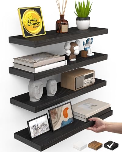 BAYKA Black Floating Shelves 15.7in, Set of 4, Wall Mount Rustic Wood Shelf