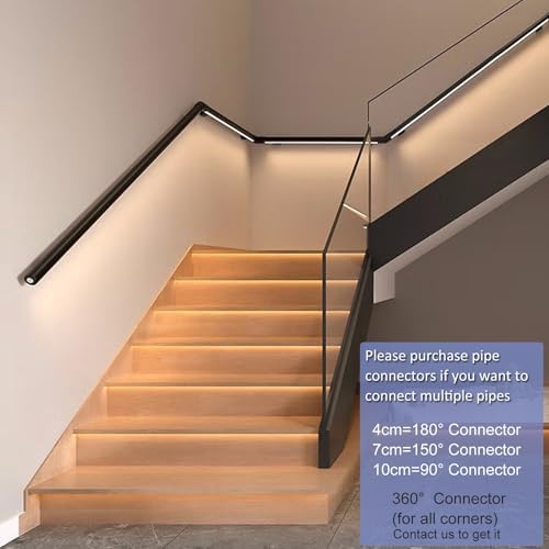 Motion Sensor LED Stair Light, Wall-Mounted Indoor Lighting for Stairs, Durable Matte Black Metal Handrails, 51" Pipe Railing for Safe Staircase Navigation