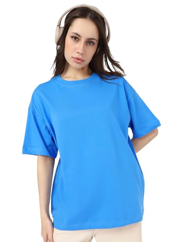 Image of Bewakoof Women's Solid Oversized Fit Half Sleeve Round Neck Cotton Jersey T-Shirt