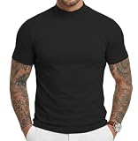 Men's Mock Turtleneck T-Shirts Short Sleeve Lightweight Soft Basic Solid Pullover Undershirt Tops Black