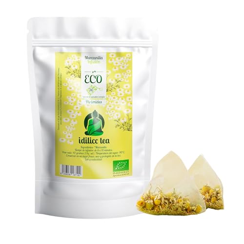 IDILICC TEA Infusion de Manzanilla 100% Ecológico. 30 Pirámides. Bolsitas de Té de Flores de Manzanilla Natural Puras. Relajante Natural y Digestiva. Infusiones Variadas IDILICC TEA Infusion de Manzanilla 100% Ecológico. 30 Pirámides. Bolsitas de Té de Flores de Manzanilla Natural Puras. Relajante Natural y Digestiva. Infusiones Variadas