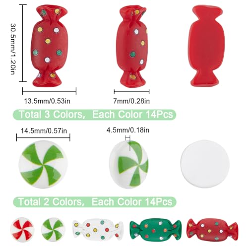 SUNNYCLUE 70Pcs Christmas Resin Charms Candy Cabochons Flatback Christmas Candy Beads No Hole Red Green White Sweets Flat Back Cabochon Bulk for Jewellery Making Supplies Scrapbooking Embellishments - Image 2