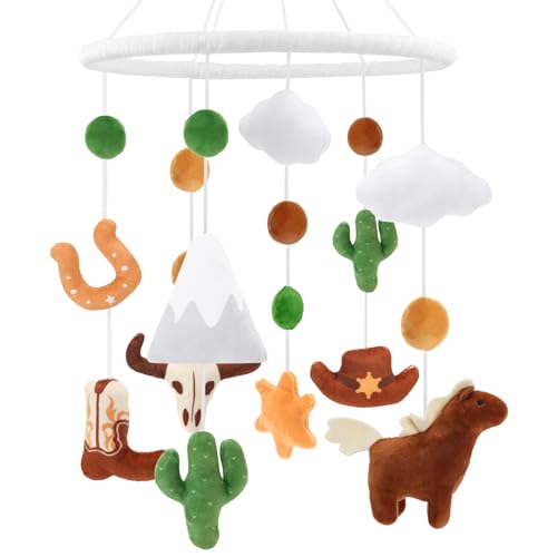 Image of Gicoherero Baby Cowboy Crib Mobile for Boys Cowboy Hat Boot Western Themed Nursery Mobiles for Bassinet Plush Ceiling Hanging Decorations Baby Shower Gifts Baby Room Cot Decor
