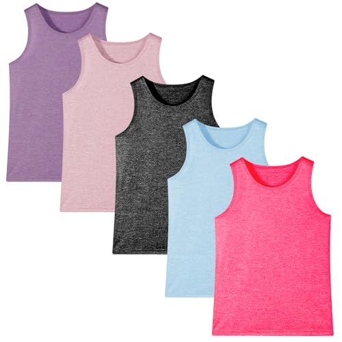 5 Pack Girls Youth Kids Tank Top Active Quick Dry Sleeveless Moisture Wicking Tank Tops Performance Shirts (Age 5-16Y)