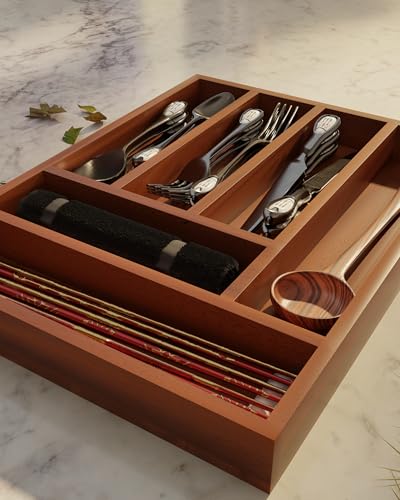 Image of Premium 6-Partition Cutlery Tray | 30x40 cm Brown Drawer Organizer | Multipurpose Flatware Holder for Spoons, Forks, Knives & Kitchen Utensils