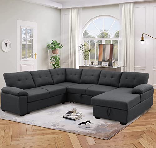 Asunflower Sleeper Couch Sectional Sofa Bed Living Room Pull Out Couch Bed With Storage Chaise Lounge U-Shape 6 Seats Modern Fabric Couch Furniture Set, Dark Grey #TOP5