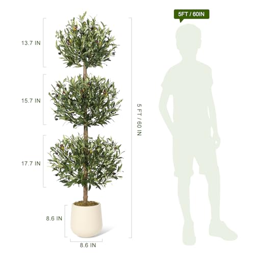 5FT Artificial Olive Triple Ball Topiary Trees with Moss & Inner Pot, Outdoor Indoor Realistic Fake Shrubs Trees, Faux Plants Round Bushes Fake Shrubs Potted for Home Offices Porch Decor Set of 1