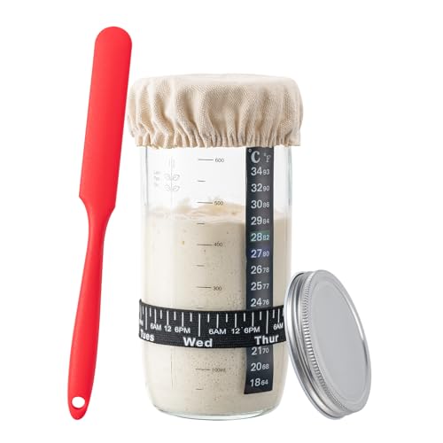BOOMIBOO 24 oz Sourdough Starter Jar, Glass Jars Fermentation Kit, Sourdough Starter Kit with Date Marked Feeding Band, Thermometer, Cloth Cover & Metal Lid,Instruction Book