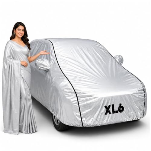 Image of Waterproof Car Body Cover for XL6 All Weather Protection Comes with Inner Cotton Lining & Triple Stitched with Mirror & Antenna Pocket Belt & Elastic Fit Metallic Silver with Black Piping1