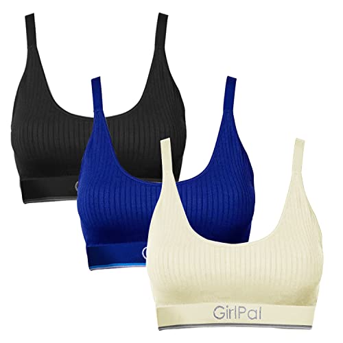 Girlpal Mujer Sujetador Deportivo Rib Seamless Brassière Confort Push up Bralette U-Cuello Top Noos Corsé Camisola con Tirantes Elásticos Bra Básico para Yoga/Ejercicio/Diaria/Correr Negro+Beis+Azul L Cover
