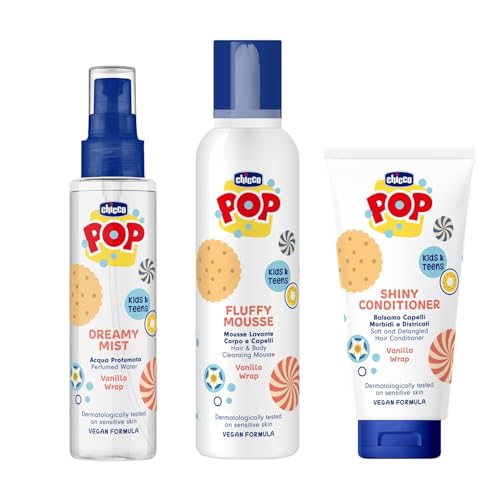Chicco POP Set de Baño Vanilla Wrap, con Espuma Limpiadora 200ml, apta para pieles sensibles, Acondicionador Desenredante Bebé 150ml y Agua Perfumada Vainilla 150 ml, Aroma de Vainilla, Fórmula vegana
