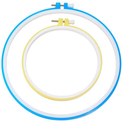 Image of GORGECRAFT 2 Sizes Spring Tension Embroidery Hoop Cross Stitch Tension Hoop Blue Yellow Round Plastic Frame Darning Shed Rings for Embroidery Cross Stitch Sewing DIY Projects (5.6in, 8.23 x 8.9in)