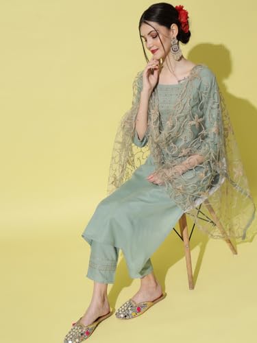 Image of VredeVogel Women Cotton Slub Straight Kurta Set With Pant and Net Embroidery Dupatta