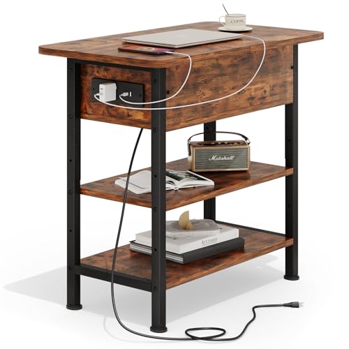 Image of GRUSIGN End Table with Charging Station, Flip Top Side Table with USB Ports and Outlets, 3-Tier Small Side Table with Storage for Small Space, End Tables for Living Room/Bedroom, Brown